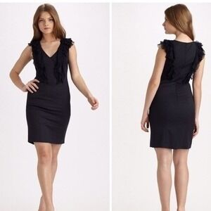Rebecca Taylor Sheath Dress Womens Size 2 Navy Silk Ruffles Wool Cocktail Luxury
